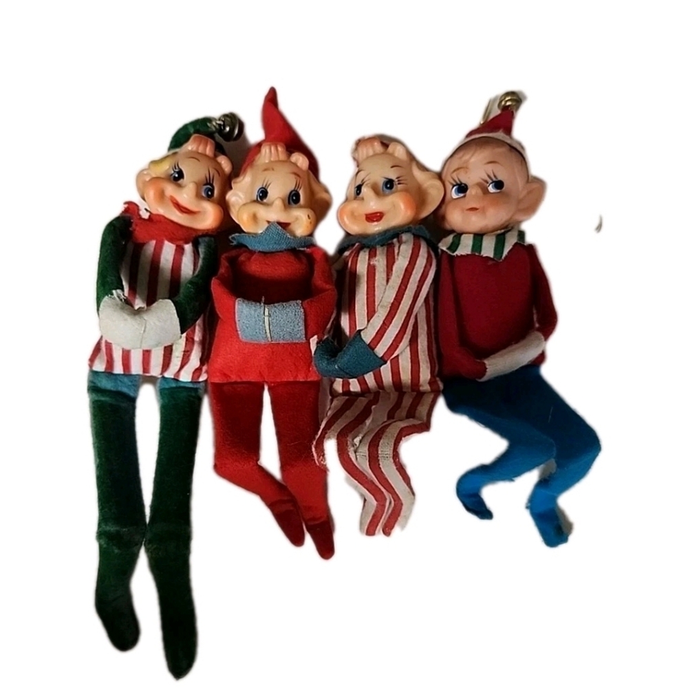 🎈SOLD🎈Vtg Set 4 Knee Hugger Pixie Elf 12" Christmas Ornaments Shelf Sitters - Picture 4 of 13